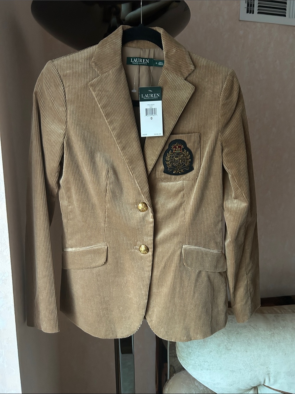 Lauren Ralph Lauren Tan Corduroy Blazer with Crest Patch